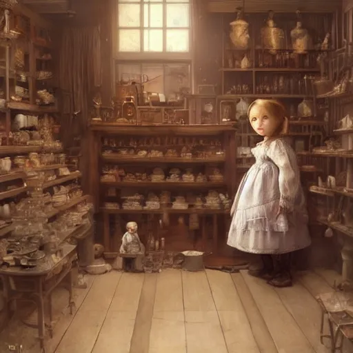 Image similar to human child standing in a victorian doll maker's shop looking at all of the dolls, high detail, digital art, painted by greg rutkowski, painted by seb mckinnon, trending on artstation