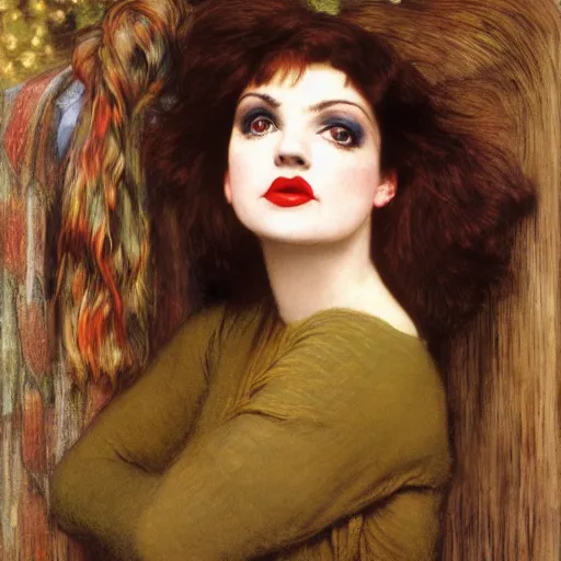 Prompt: portrait of a hybrid of a hybrid of judy garland and lady gaga and a hybrid of jo brand and judy garland, aged 2 5 with a brown fringe, holman hunt, john william waterhouse, kilian eng, rosetti, john everett millais, william holman hunt, 4 k
