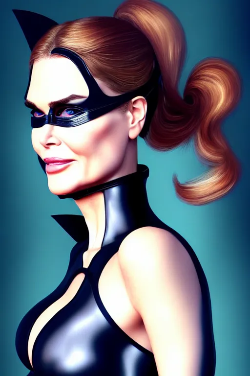 Image similar to portrait of a mix of beautiful young maria shriver, mariel hemmingway, brooke shields, nicole kidman and elle macpherson as catwoman, thin lips, hair tied up in a pony tail, colorful artstation, cgsociety