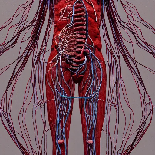 Image similar to man made of internal organs and arteries and veins and cables, extreme detailed intricate render, 8k artistic photography