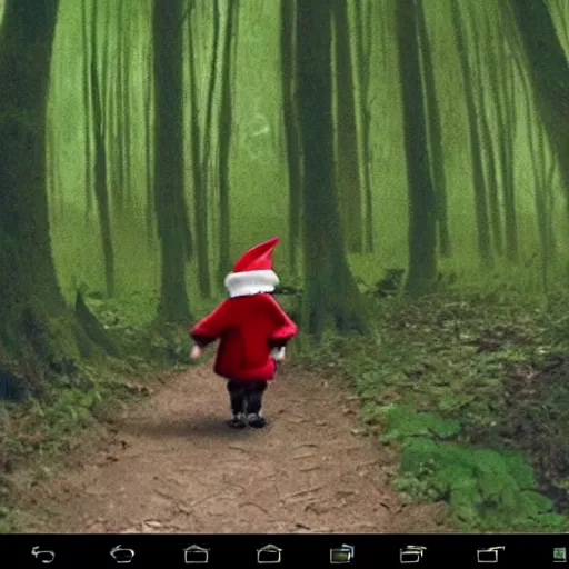 Image similar to bad quality screenshot of a leaked video of a small creature dressed as gnome walking through a forest trail, photo taken from far awar, bright camera flash, disturbing, very scary, realistic, very disturbing, ultrarealistic, 480p