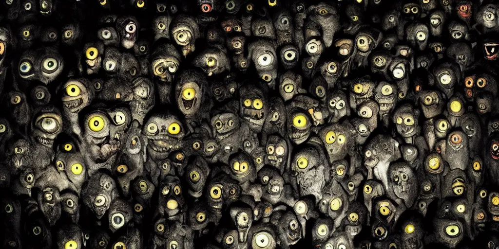 Image similar to a dark cave full of reflective eyes, wide shot, horror movie, national geographic, monsters