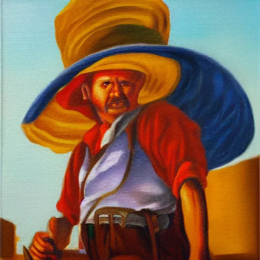 Image similar to warehouse worker wearing a sombrero as an oil painting on canvas