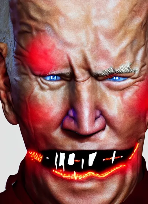 Prompt: hyper realistic ultra realistic cyborg photo Doom furious glowing red eyes biden, high quality photo, detailed , 8k