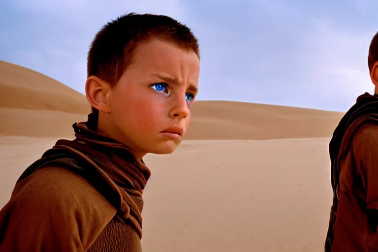 Prompt: a cinematic headshot portrait of a boy in the movie dune, in a serene vast desert, storm, dry, film still, cinematic, movie still, dramatic lighting, 1 6 : 9 ratio
