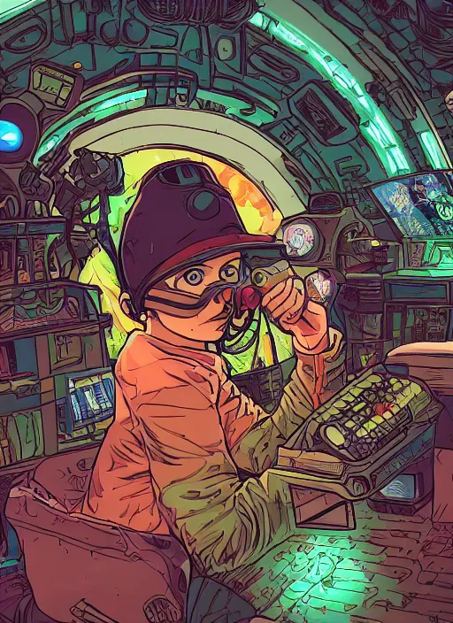 Image similar to in the style of max prentis and deathburger and laurie greasley a beautiful close up of a young explorer wearing a cyberpunk headpiece playing video games in his treehouse, colourful flat surreal design, highly detailed, 8 k wallpaper