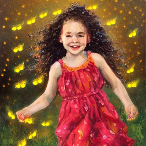 Prompt: A little girl with curly brown hair with a happy expression wearing a summer dress dancing with fireflies, beautiful oil painting trending on artstation