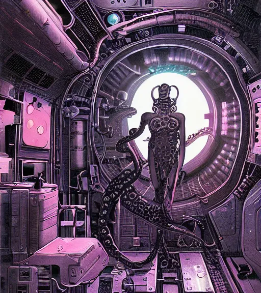 Image similar to a cybernetic realistic octopus in a space station, techwear, Industrial Scifi, detailed illustration, character portrait, by Martin Grip and Moebius