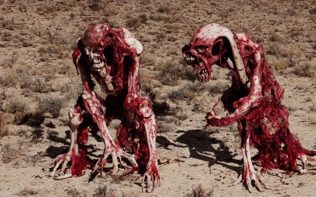 Prompt: in the desert a bloody gross horrifying The Thing creature made of muscle and bone and blood stares at the camera, eating, mid day, 35mm photography, realistic,