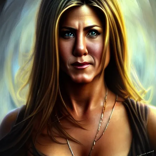 Prompt: Jennifer Aniston, Dark Fantasy, highly detailed, digital painting, artstation, concept art, smooth, sharp focus, illustration, art by artgerm and Marc Simonetti and alphonse mucha