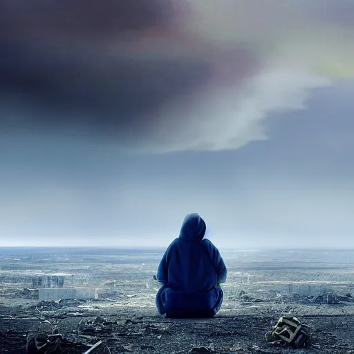 Image similar to a beautiful award-winning photo of the last man on Earth wearing a hazmat suit, sitting, serene post-nuclear background on the horizon, a mirage of a skyline of a destroyed city, numerous fires, volumetric lighting, hazy, a mothership hovering high up in the sky, very high quality, extremely detailed, subtle visual noise, 8K