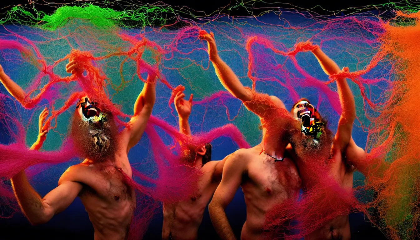 Image similar to in the style of Cam Kennedy , detailed entangled fibres ,volumetric lighting, twisting vapour, bellowing dust ,flowing shimmering fabrics, emerging hands and an ancient male bearded face , Hundreds of humans , emerging hands and beautiful women’s and men screaming laughing and crying face , full colour , upscale , 4k