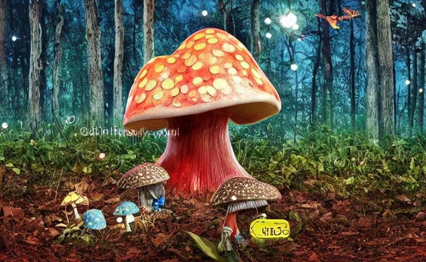 Prompt: one single stand alone huge hyperdetailed elaborate mushroom, seen from the long distance, in the woods, at night. in a wood made of paper and plastics. free sky in shiny matte colour. 8 x 1 6 k hd mixed media 3 d collage in the style of a childrenbook illustration in vibrant pastel tones. matte background no frame hd