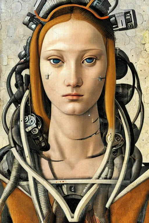 Prompt: a close - up portrait of a cyberpunk cyborg girl, by sandro botticelli, rule of thirds