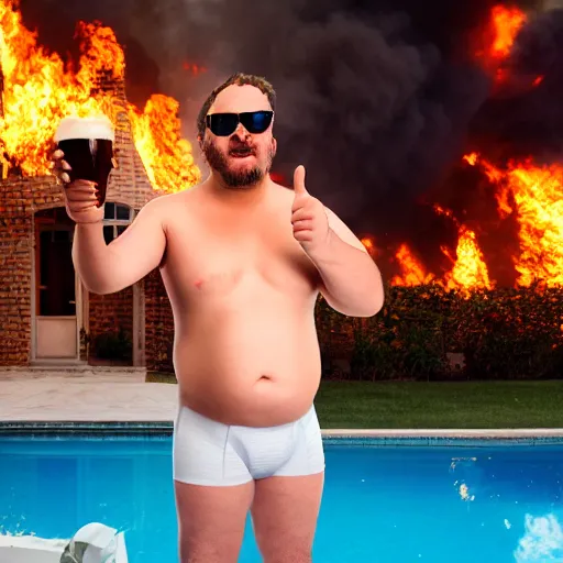 Prompt: a beautiful portrait of an extremely insufferable bloke with a beer gut wearing a pair of futuristic sunglasses and in underwear, being unfazed by the fact that his house is on fire, giving the thumbs up, photography, volumetric lighting, 8 k