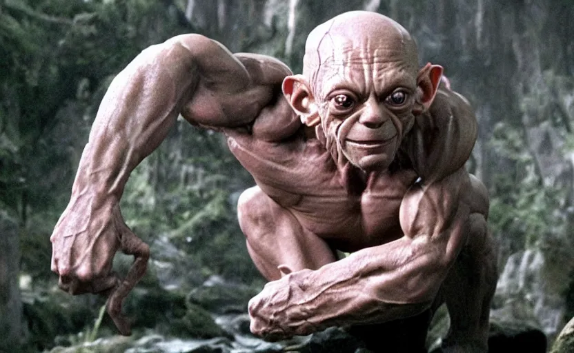 Prompt: very muscular Gollum, movie still