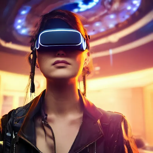 Image similar to a high quality portrait of a beautiful stunning pirate in a cyberpunk cyberpunk cyberpunk cafe wearing a VR visor realism 8k award winning photo