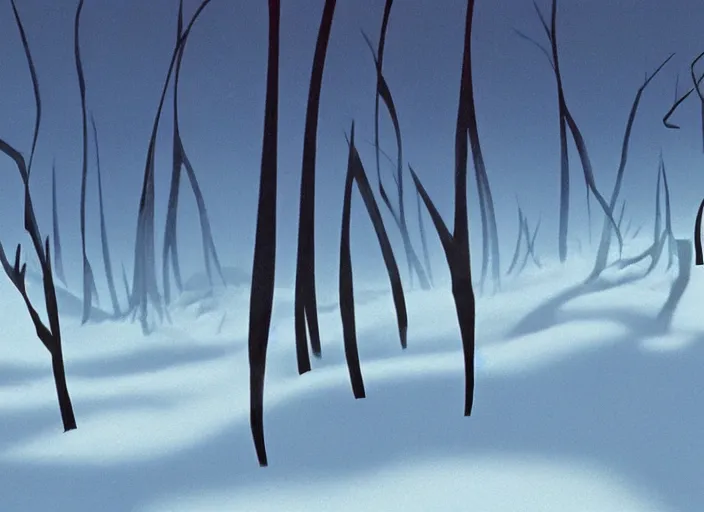 Image similar to minimalist charred moody rhythmic dramatic wooded snowdrift landscape from mulan ( 1 9 9 8 )