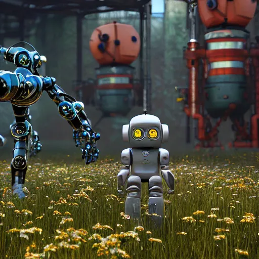 Prompt: robot with little girl collect flowers in the field, steampunk, cyberpunk, 4k, hyperrealistic, focused, high detail, unreal engine 5, cinematic