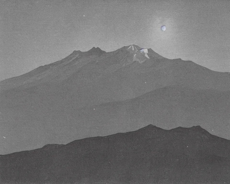 Image similar to achingly beautiful print of Mt. St. Helens, bathed in moonlight, by Hasui Kawase and Lyonel Feininger.