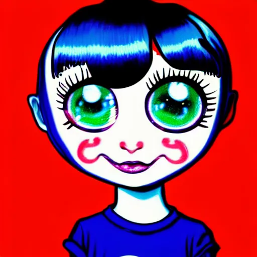 Image similar to the coke logo personified as a cute sprite themed cartoon girl in the style of the youtuber lavender towne, margaret keane style, large creepy eyes, extremely detailed and colorful eyes, digital art, deviant art, soda themed girl, hyper detailed eyes, money sign pupils, tim burton, scratchy lines