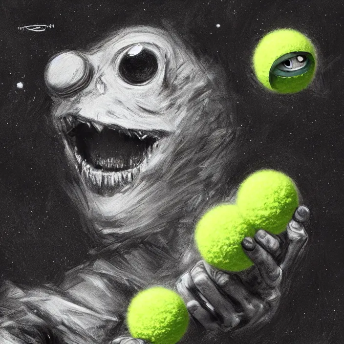 Prompt: cinematic portrait of a cute tennis ball monster in the abyss of space, chalk, masterpiece, trending on artstation, featured on pixiv, cinematic composition, dramatic pose, beautiful lighting, sharp details, hyper - detailed, hd, hdr, 4 k, 8 k, art by basil gogos