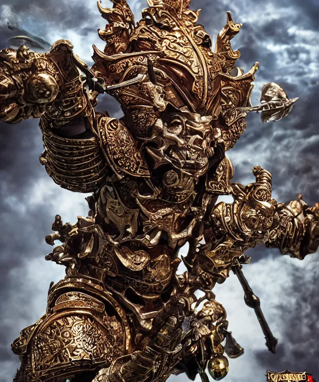 Prompt: hyperrealistic rendering, epic ornate supreme demon overlord, jewel crown, war armor battle, by art of skinner and richard corben, product photography, collectible action figure, sofubi, hottoys, storm clouds, outside, lightning