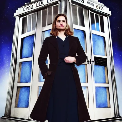 Image similar to a beautiful full body photograph of hayley atwell dressed as the doctor from doctor who standing in front of the tardis, symmetrical face, extreme realism and detail, 8 k, completely framed, direct lighting, 3 5 mm photo, photorealistic, sharp focus