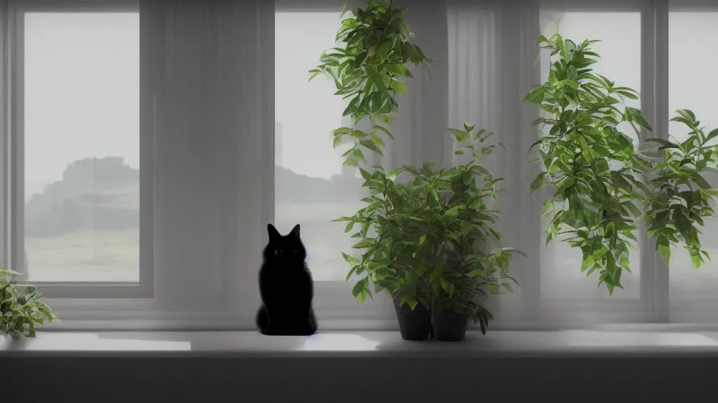 Image similar to peaceful dreamy matte painting of a content black cat sitting by a window and looking outside, sunshine coming through the window, small plants on the window sill, 8k, hyper realism, trending on artstation, octane render