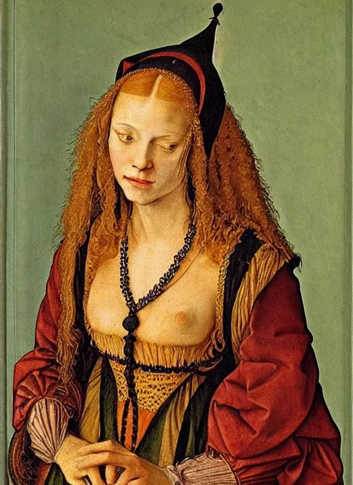 Image similar to portrait of young woman in renaissance dress and renaissance headdress, art by albrecht durer