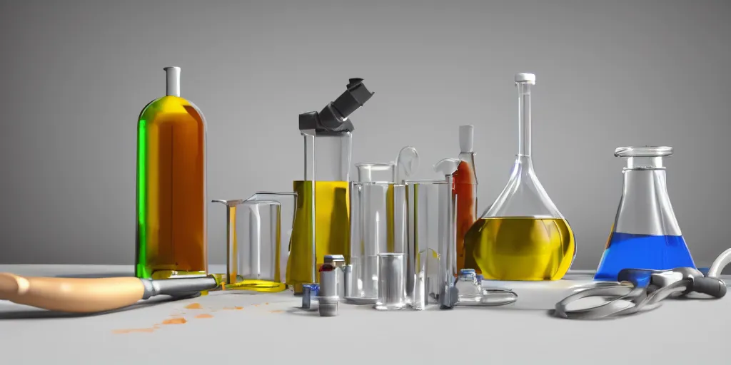 Image similar to instruments being used to mix chemicals, scientist, blender, 3d, apartment