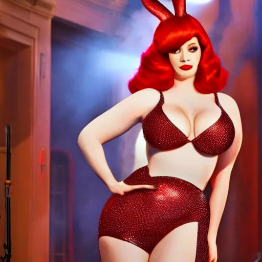 Prompt: Fine art photography of Christina Hendricks as Jessica Rabbit, on stage, in the movie Who Framed Roger Rabbit, highly detailed and intricate, HDR 8k