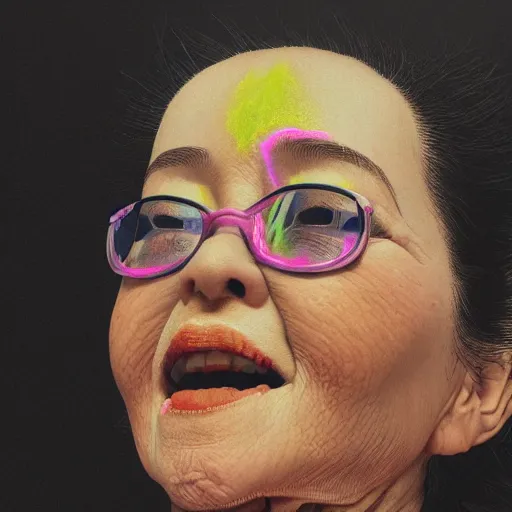 Image similar to closeup of my grandma eating crayons, melting down all over her body, in the style of kawase hasui james jean, muted neon colors, artstation trending, 8 k, 3 d render, photorealistic, volumetric lighting caustics, black and white, detailed af