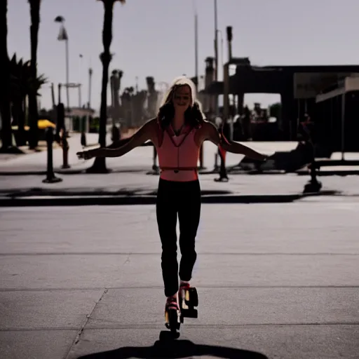 Image similar to a roller skater in a cinematic shot in santa monica, mid - afternoon, canon eos c 3 0 0, ƒ 1. 8, 3 5 mm, 8 k, medium - format print, inspired by roger deakins cinematography