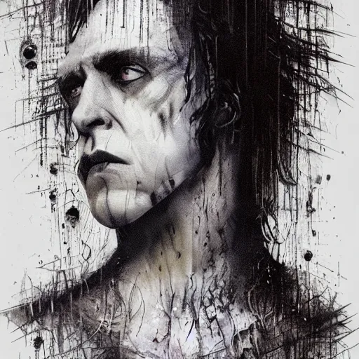 Image similar to stunning portrait of gaunt blixa bargeld a ( the cure fan ) as dream from sandman, dim stars as eyes, by jeremy mann, by cedric peyravernay, by by russ mills, by richard avedon and ben templesmith, dramatic lightning, sadness, dark eye sockets, in the shadows, punk rock, gothic, high detailed, 8 k