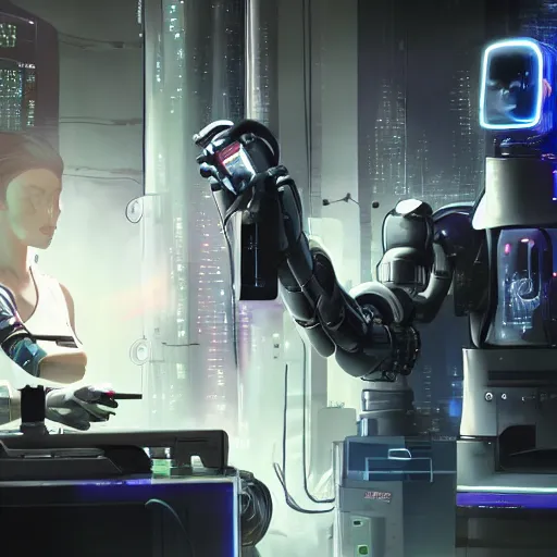 Prompt: cyberpunk robot repairing an android in a lab, concept art, fine details, Anime, cinematic lighting, ghost-in-the-shell,