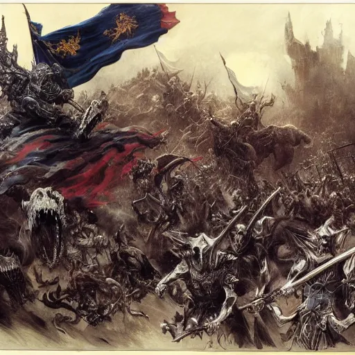 Image similar to an army of undead riding beasts with flag bearers and trumpeters, intricate detail, royo, vallejo, frazetta, giger, whealan,