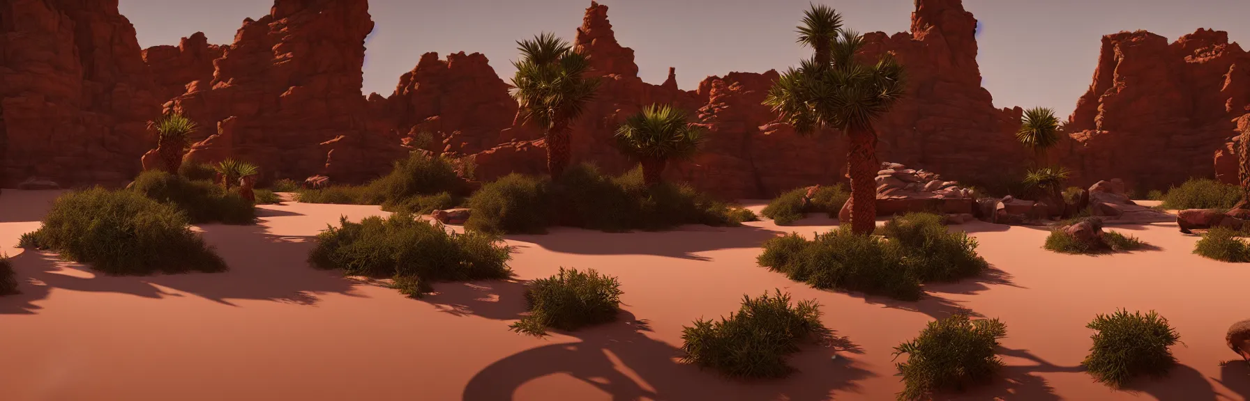 Image similar to a desert oasis; very detailed, by Federico Pelat, Caravaggio; artstation, unreal engine 5