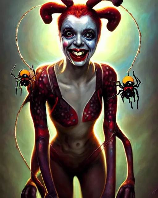 Image similar to biopunk cute spider portrait of harley quinn, disney style, by tomasz alen kopera and peter mohrbacher