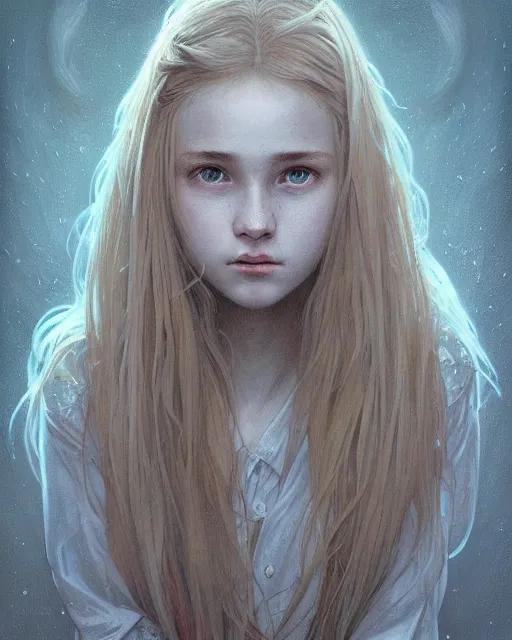 Image similar to portrait of 1 6 - year - old woman with dirty blonde hair down to her waist, pale eyebrows and protuberant silver eyes, wearing white shirt, hyper realistic face, beautiful eyes, fantasy art, in the style of greg rutkowski, intricate, alphonse mucha, hyper detailed, smooth