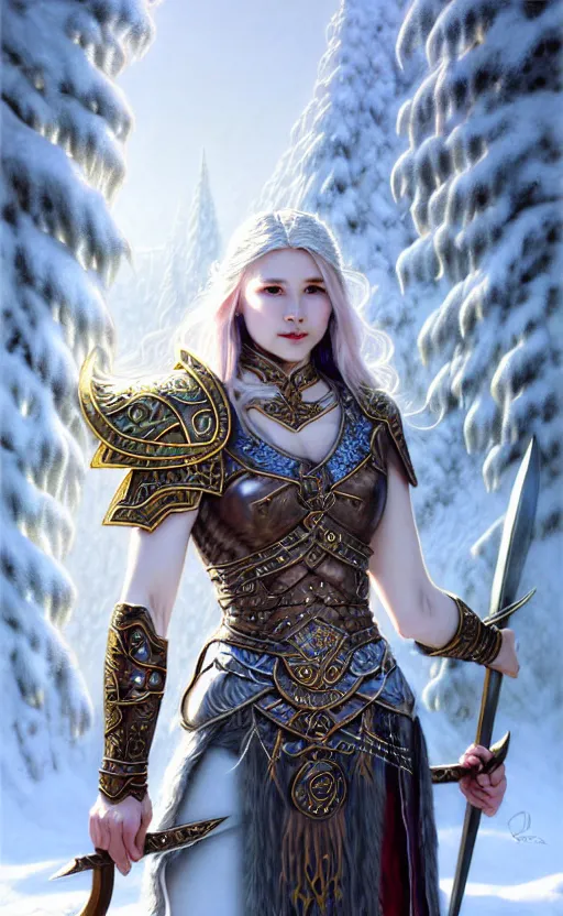 Image similar to opal viking warrior, regal, elegant, winter, snow, beautiful, stunning, hd, illustration, epic, d & d, fantasy, intricate, elegant, highly detailed, wide angle, digital painting, artstation, concept art, smooth, sharp focus, illustration, wallpaper, art by artgerm and greg rutkowski and alphonse mucha and jin xiaodi