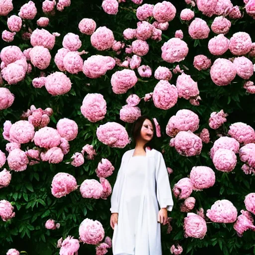 Image similar to a woman dressed in white, standing in a white rose garden, peony petals in the breeze, vivid lighting, professional photography