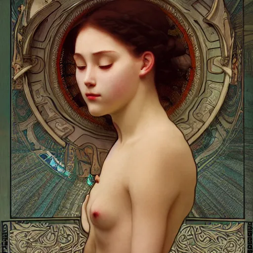 Prompt: faceless girl bleeding into a mirror, intricate, art by artgerm and greg rutkowski and alphonse mucha and william - adolphe bouguereau, high detailed, 4 k,