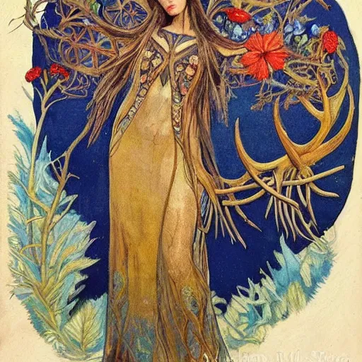 Prompt: queen of the forest wearing an antler crown, by Annie Swynnerton and Nicholas Roerich and (((Tino Rodriguez))), embroidered robes, floral tattoos, bioluminescent skin!, elaborate costume, geometric ornament, symbolist, soft colors, dramatic lighting, smooth, sharp focus, extremely detailed