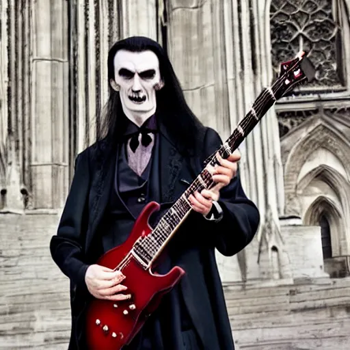 Image similar to UHD candid photo of Count Dracula playing electric guitar in front of a gothic cathedral, with accurate face, UHD, photorealistic, correct face, real Gibson guitar, photo by Annie Leibowitz