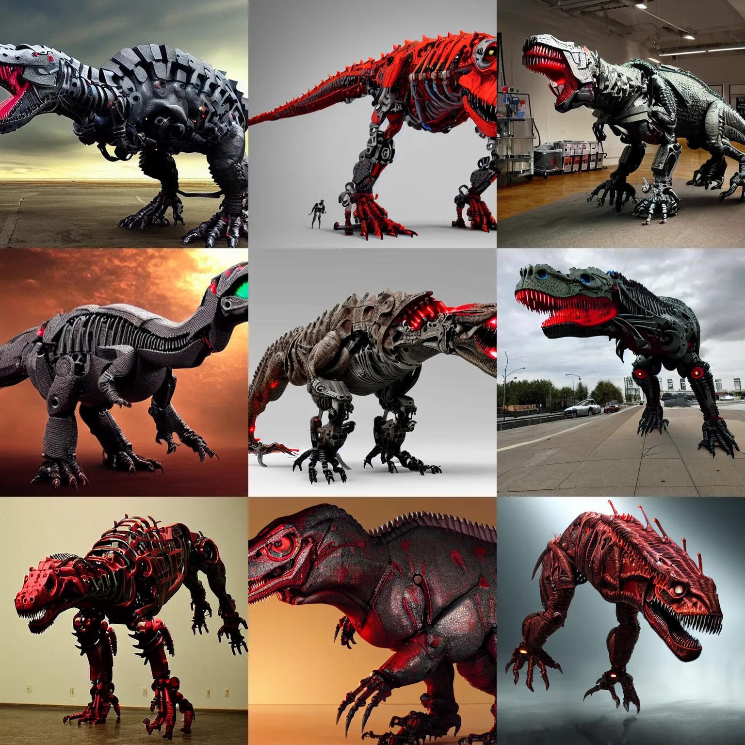 Prompt: A cyborg T-Rex with red eyes and robotic extended arms