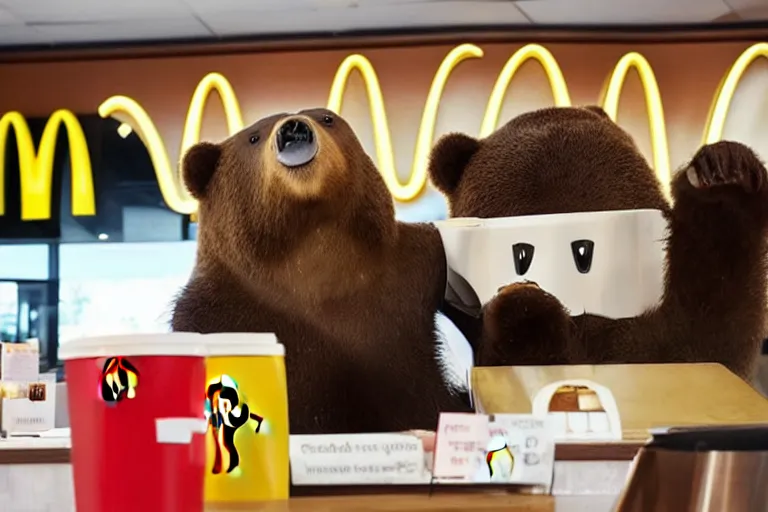 Image similar to a bear ordering a hamburger in mcdonalds