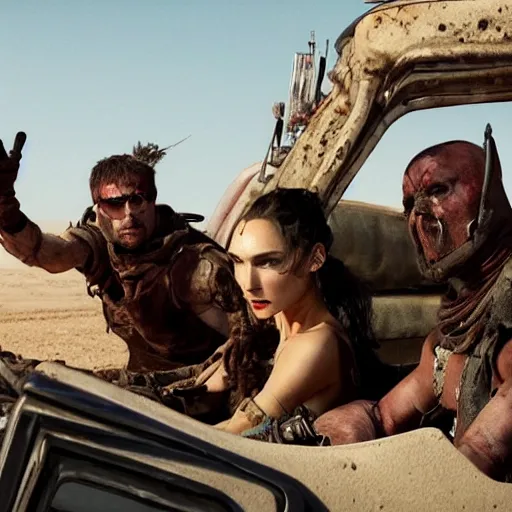 Prompt: a film still from the movie mad max fury road of the anthropomorphic cheetah raiders driving around in the post apocalyptic wasteland gal gadot