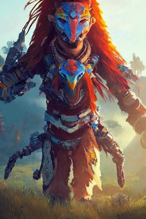 Image similar to combination suit armor aloy horizon forbidden west horizon zero dawn radiating a glowing aura global illumination ray tracing hdr fanart arstation by ian pesty and alena aenami artworks in 4 k tribal robot ninja mask helmet backpack