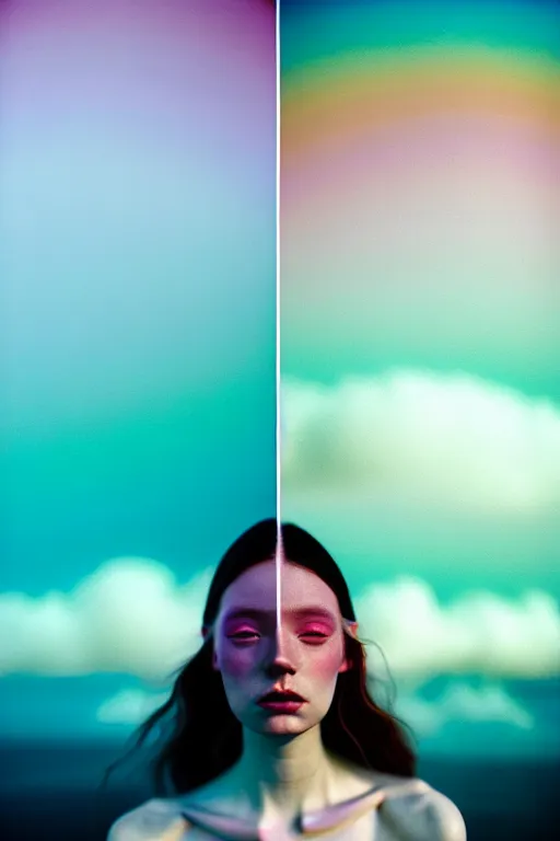 Image similar to high quality pastel coloured film close up wide angle photograph of a model wearing clothing swimming on cloud furniture in a icelandic black rock!! environment in a partially haze filled dreamstate world. three point light, rainbow. photographic production. art directed. pastel colours. volumetric clouds. pastel gradient overlay. waves glitch artefacts. extreme facial clarity. 8 k. filmic.